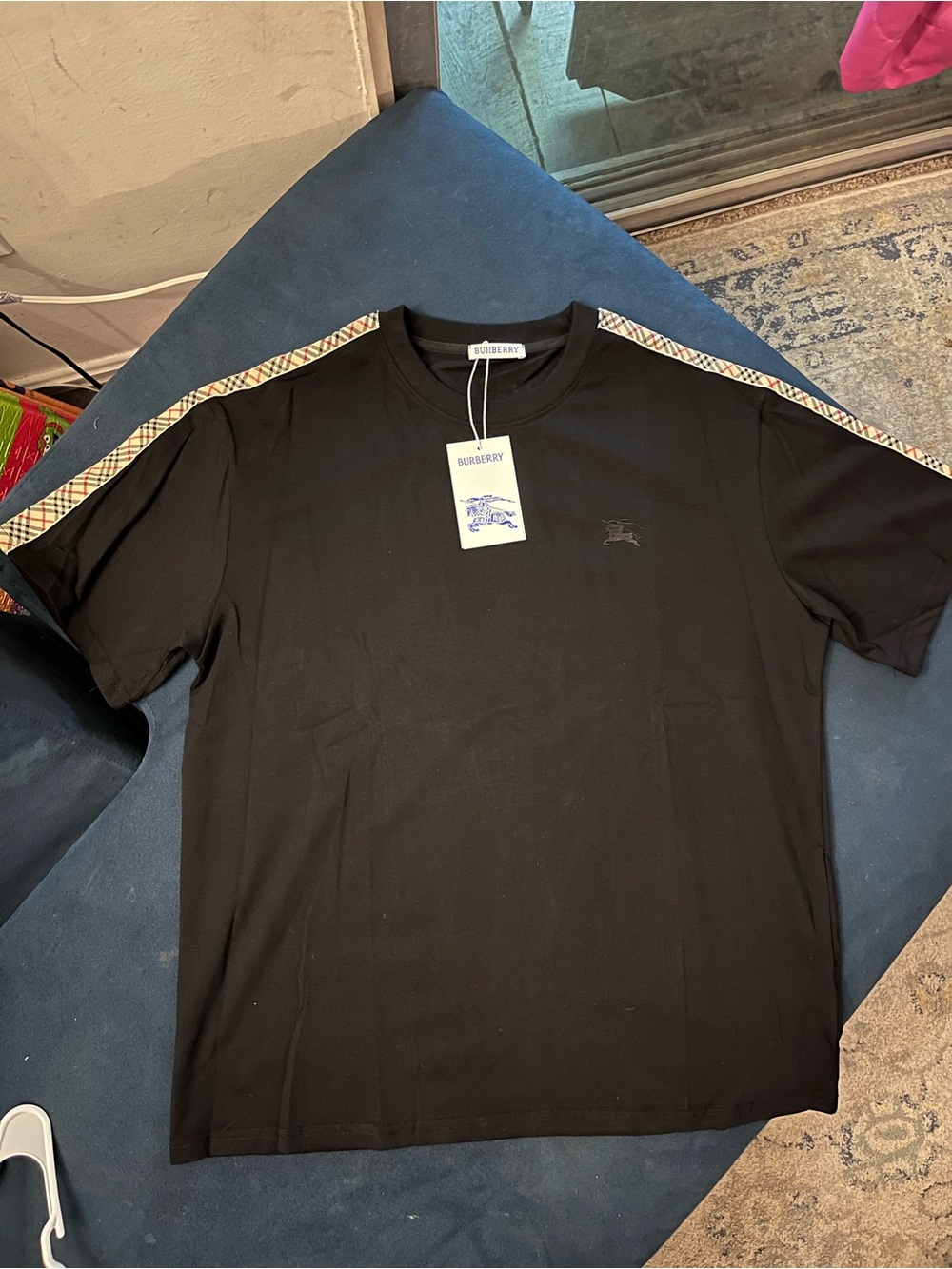 Burberry Black Short Sleeve T-Shirt with Iconic Check Shoulder Trim